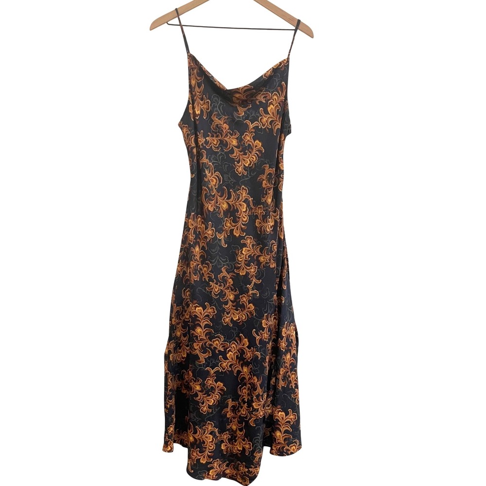Dressβ Forum Navy Blue Gold Baroque Floral Cowl Neck Midi Dress Feminine Satin M